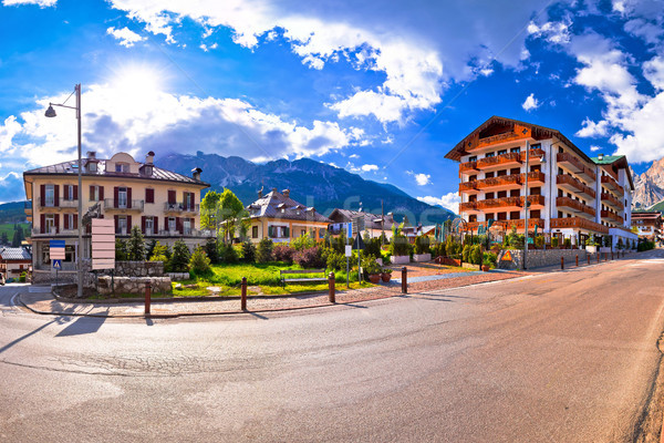 Stock photo: Cortina D' Ampezzo street and Alps peaks panoramic view