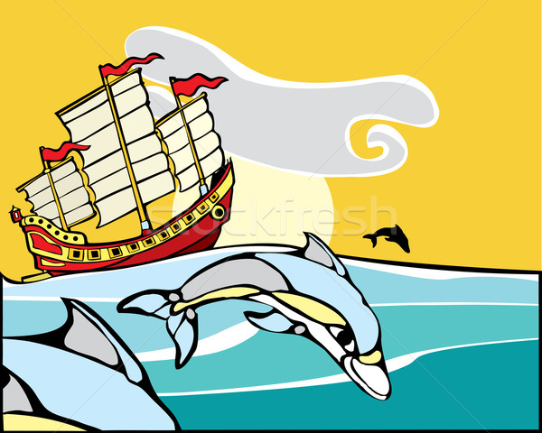 Chinese Junk with dolphins. Stock photo © xochicalco