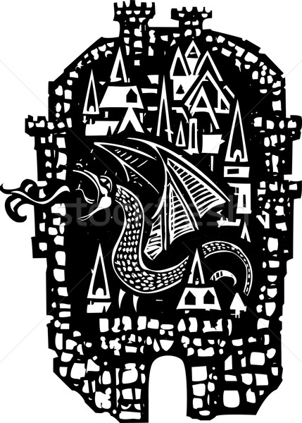 Woodcut Dragon City Stock photo © xochicalco