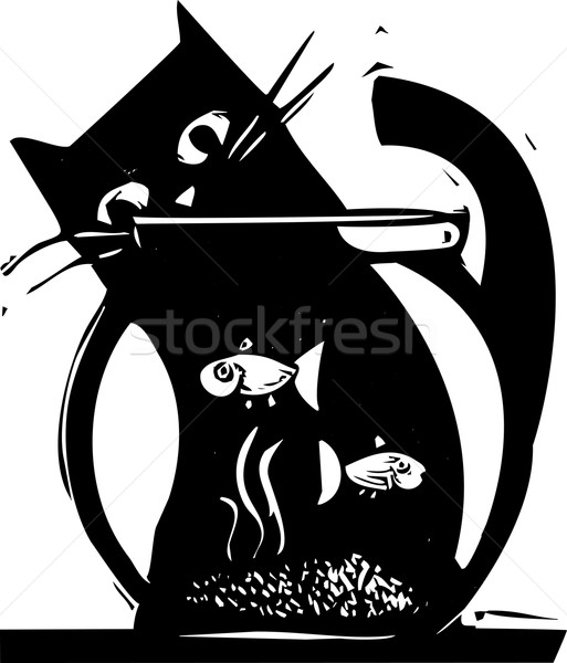 Aquário gato preto assistindo peixe gato brinquedo Foto stock © xochicalco