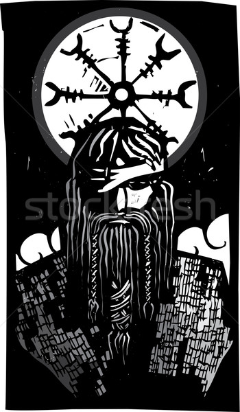 Stock photo: Norse God Odin and Wheel Symbol