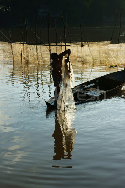 Visser net rivier mooie reflectie silhouet Stockfoto © xuanhuongho