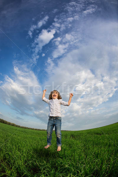 Foto stock: Feliz · criança · saltando · verde · campo · blue · sky