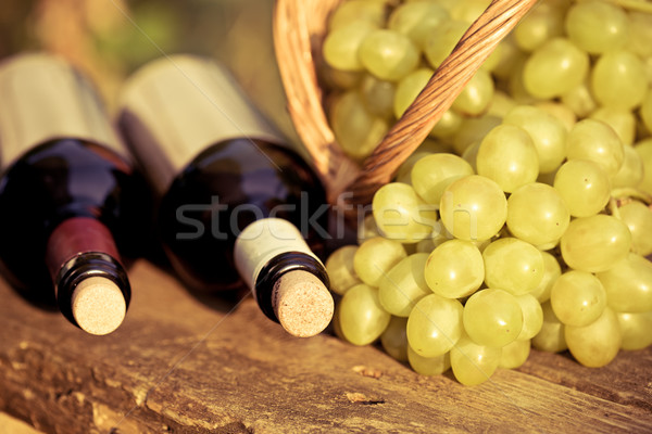 Red and white wine bottles and bunch of grapes Stock photo © Yaruta