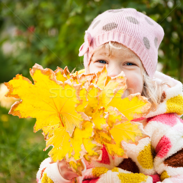 Foto d'archivio: Bambino · nascosto · dietro · giallo · foglie · ritratto