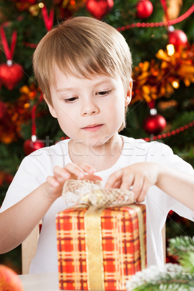 Stock fotó: Fiú · nyitás · karácsony · ajándék · meglepődött · karácsonyfa