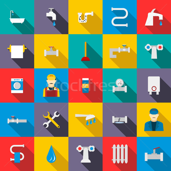 Plumbing icons set, flat style Stock photo © ylivdesign