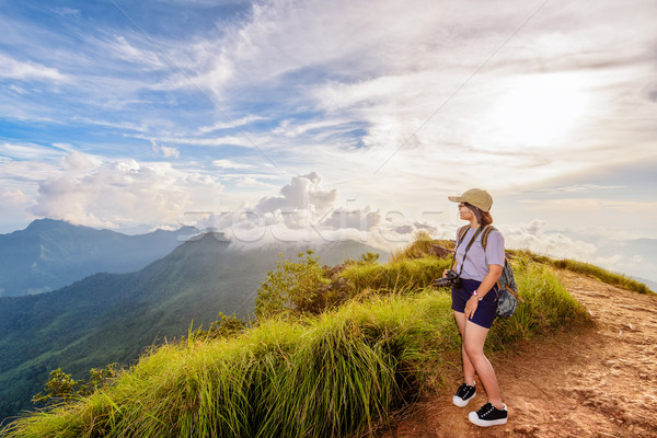 Girl tourist scenic mountains Stock photo © Yongkiet