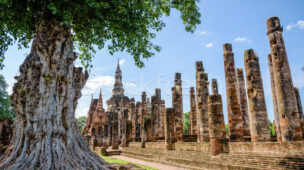 Antigua pagoda grande árbol ruinas cielo Foto stock © Yongkiet