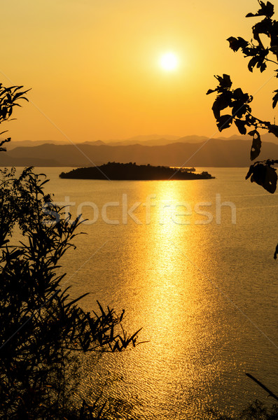 High angle view beautiful lake and island at sunset Stock photo © Yongkiet