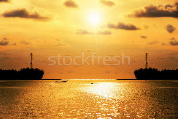 Silhouet hoogspanning elektriciteit zonsondergang zee mooie Stockfoto © Yongkiet