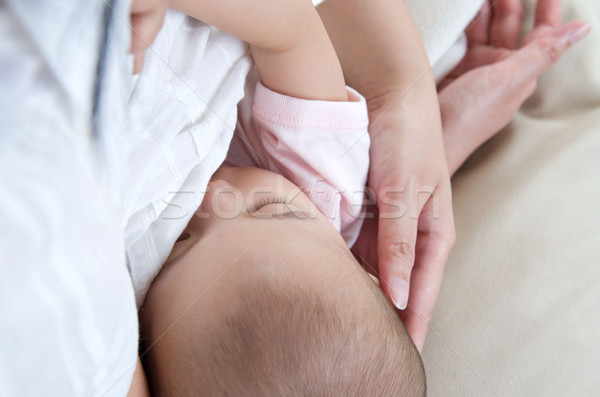 Foto stock: Amamentação · asiático · mãe · menina · mulher · menina