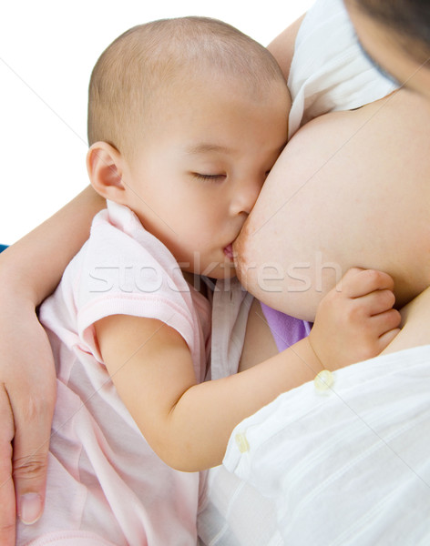 Foto stock: Amamentação · asiático · mãe · menina · mulher · menina