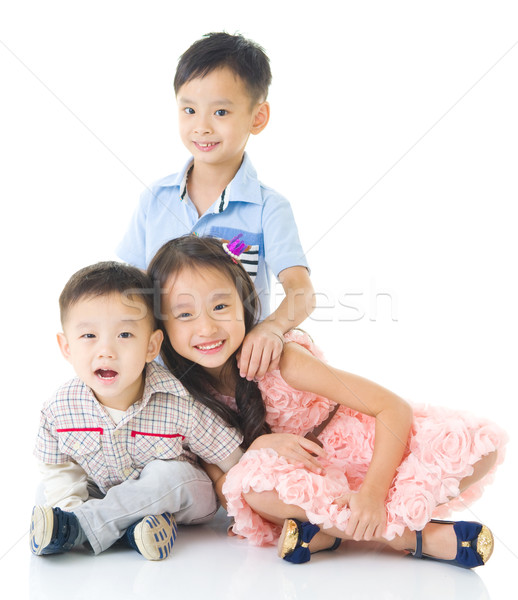 ストックフォト: アジア · 子供 · 座って · 階 · 家族 · 笑顔