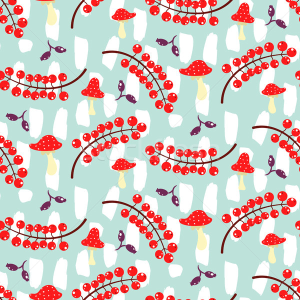 Red currant and amanita on blue seamless vector pattern. Stock photo © yopixart