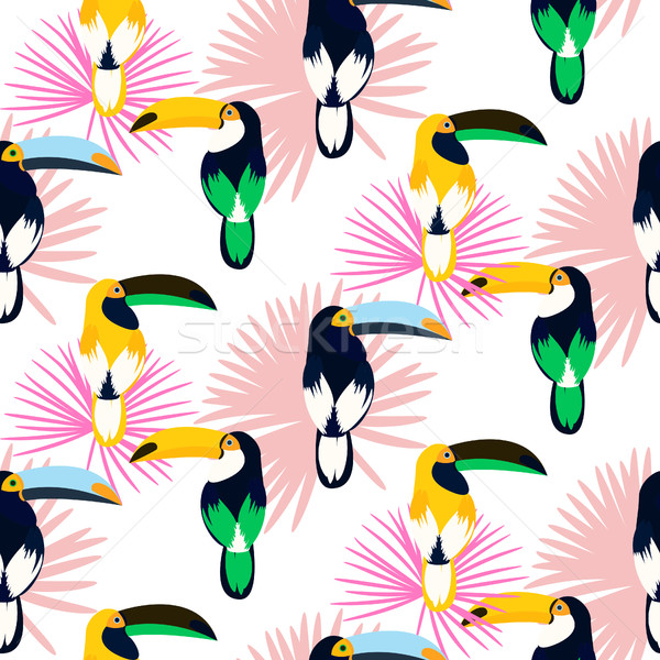Tropic light pink plant leaves and toucan bird seamless pattern. Stock photo © yopixart