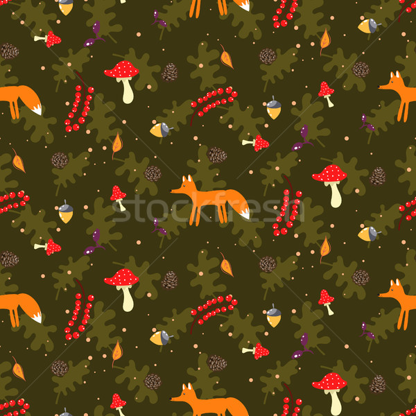 Rustic cartoon autumn forest seamless vector pattern. Stock photo © yopixart