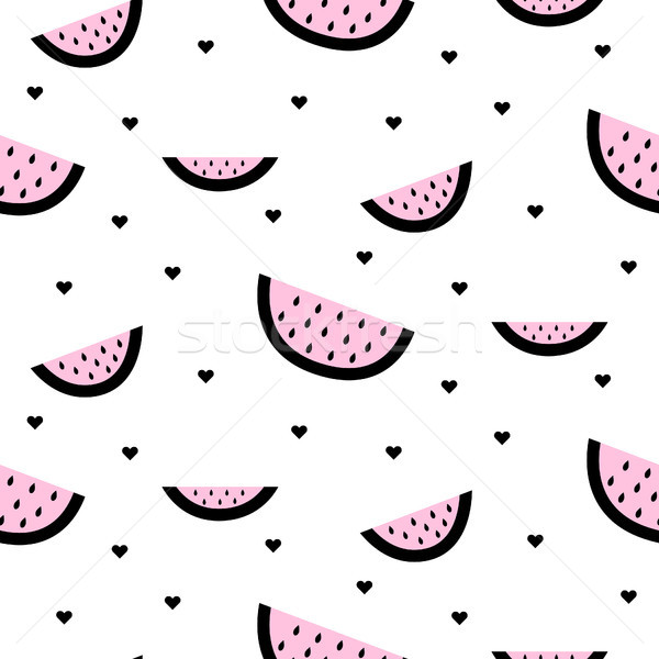 Watermelon half slices seamless pink and black hearts pattern on white. Stock photo © yopixart