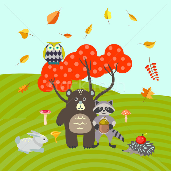 Forest animals on autumn meadow vector illustration. Stock photo © yopixart