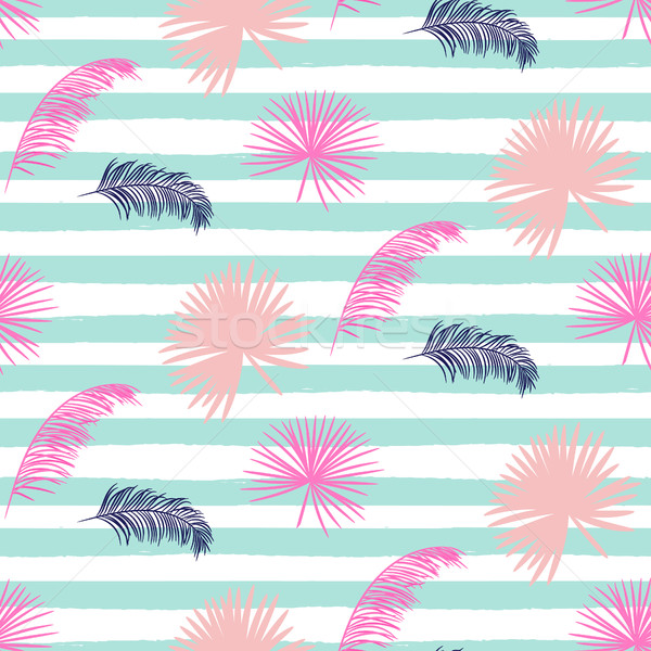 Pink banana palm leaves striped blue seamless vector pattern. Stock photo © yopixart