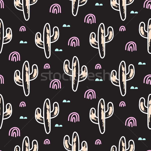 Cactus plant black vector seamless pattern. Abstract cartoon desert fabric print. Stock photo © yopixart