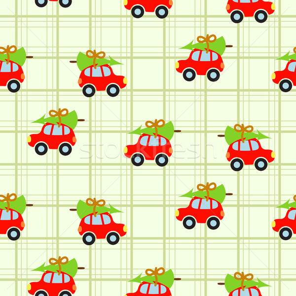 Winter tree on car roof green checkered seamless vector pattern. Stock photo © yopixart