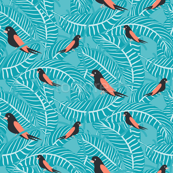 Stock photo: Birds on branches with dense leaves blue pattern seamless vector.
