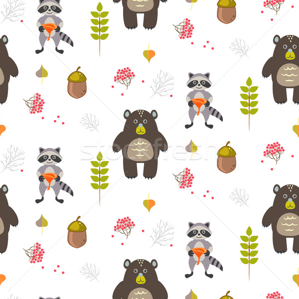 Bear and raccoon autumn white seamless pattern. Stock photo © yopixart