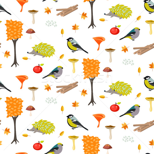 Cute cartoon forest seamless pattern with birds and hedgehogs. Stock photo © yopixart