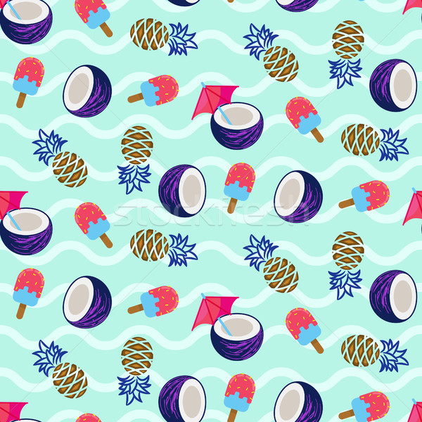 Coconut, pineapple and ice cream seamless vector pattern. Stock photo © yopixart