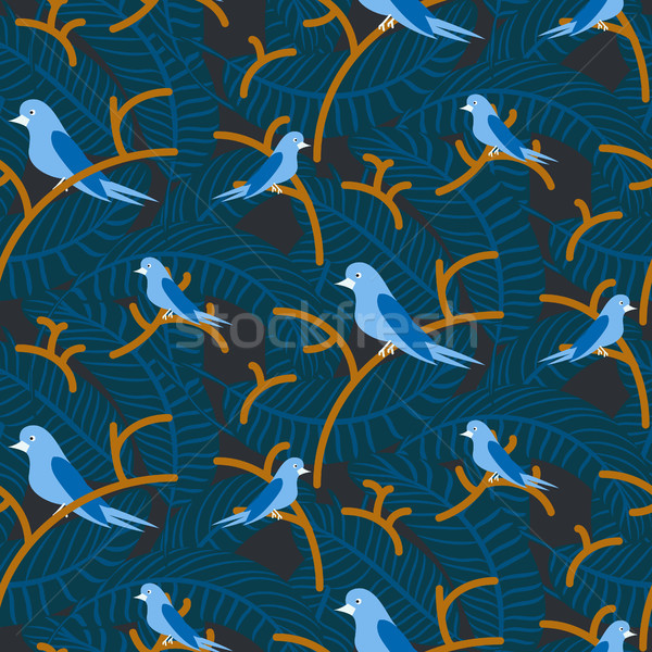 Stock photo: Birds on branches with dense leaves blue dark pattern seamless vector.