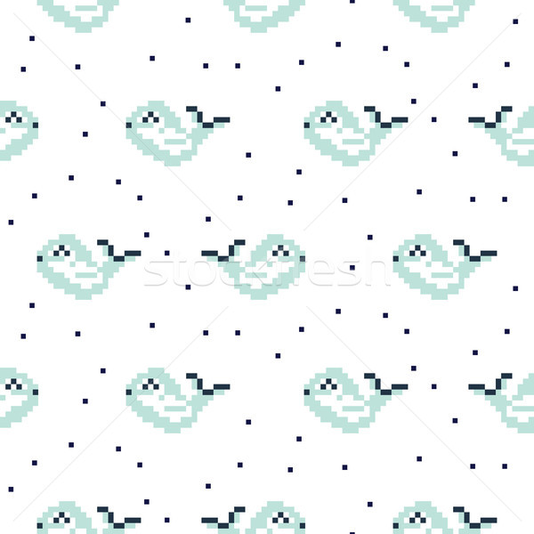 Stock photo: Light blue whale cartoon pixel art seamless pattern.