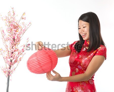 Stockfoto: Chinese · meisje · fan · asian · jurk