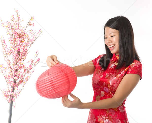 Foto stock: Feliz · ano · novo · chinês · asiático · menina · saudação · mulher