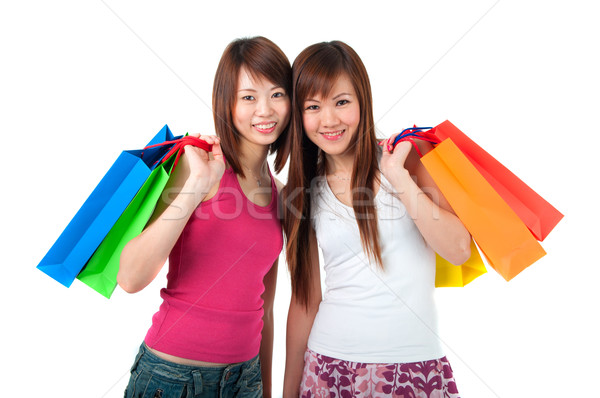 Stockfoto: Gelukkig · asian · meisjes · winkelen · papier