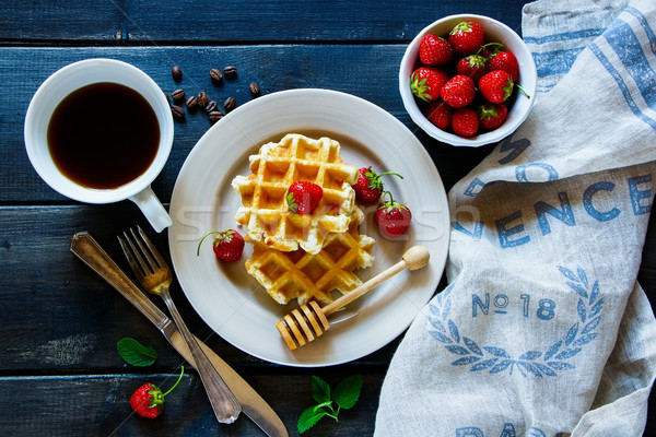 Belgian waffles with strawberries Stock photo © YuliyaGontar
