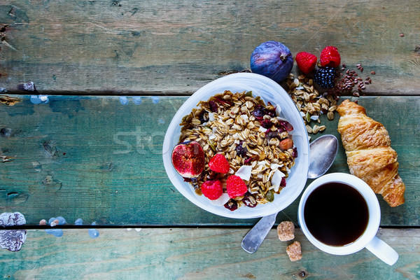 Foto stock: Dieta · desayuno · establecer · tazón · saludable · muesli