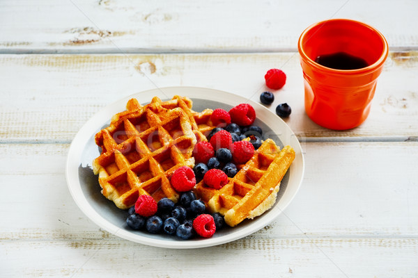 Breakfast set with waffles Stock photo © YuliyaGontar
