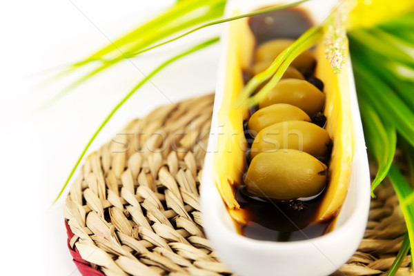 Yeşil zeytin sos seramik plaka gıda Stok fotoğraf © yura_fx