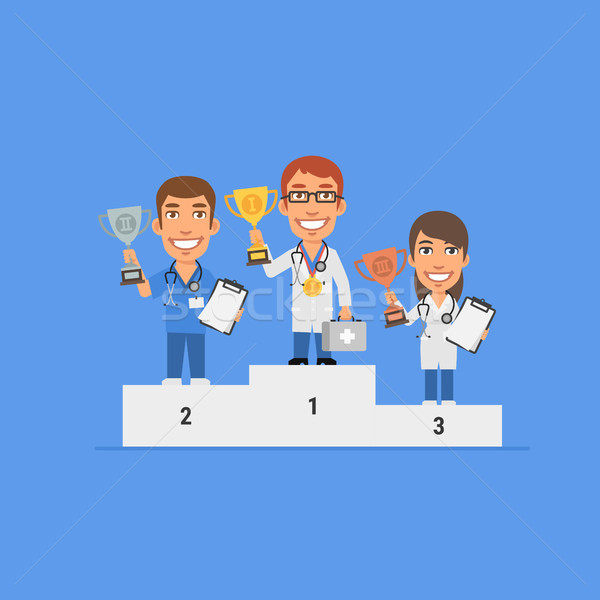 Three doctors holding cup stand on pedestal and smiling Stock photo © yuriytsirkunov