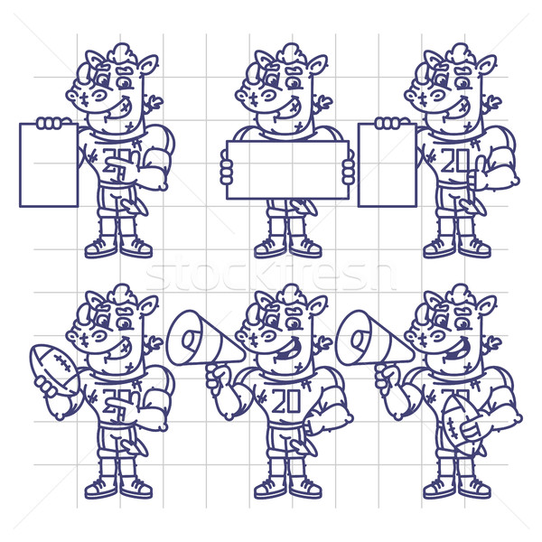 Stock photo: Sketch Character Set Rhino Football Player Holds Megaphone Ball 