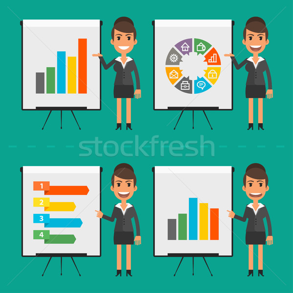 Infographics businesswoman indicates on flip chart Stock photo © yuriytsirkunov
