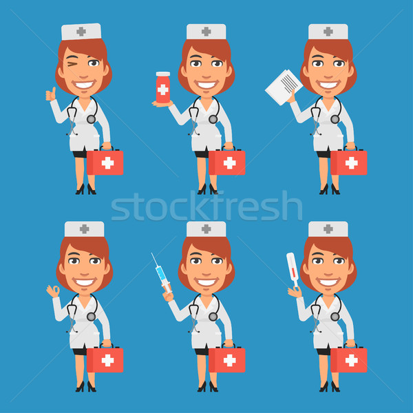 Stock photo: Woman Doctor Holds Suitcase Syringe Tablet Thermometer Documents