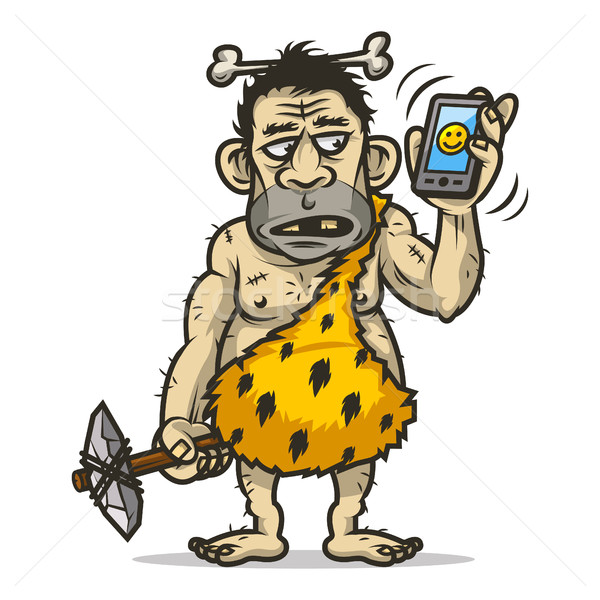 Neanderthal man holds mobile phone Stock photo © yuriytsirkunov