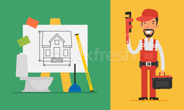 Construction Concept Plumber Holding Pipe Wrench and Tools Stock photo © yuriytsirkunov