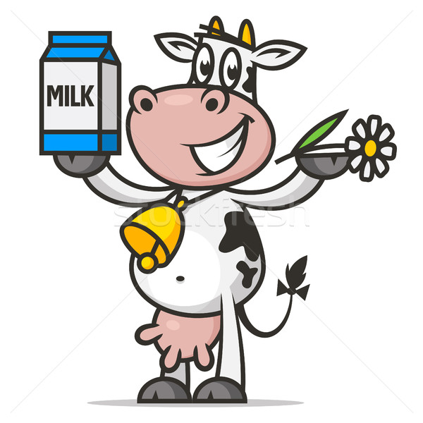 Cheerful cow holds flower and packaging milk Stock photo © yuriytsirkunov