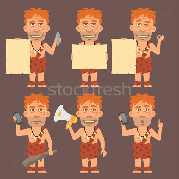 Neanderthal Holds Paper Phone and Megaphone Stock photo © yuriytsirkunov