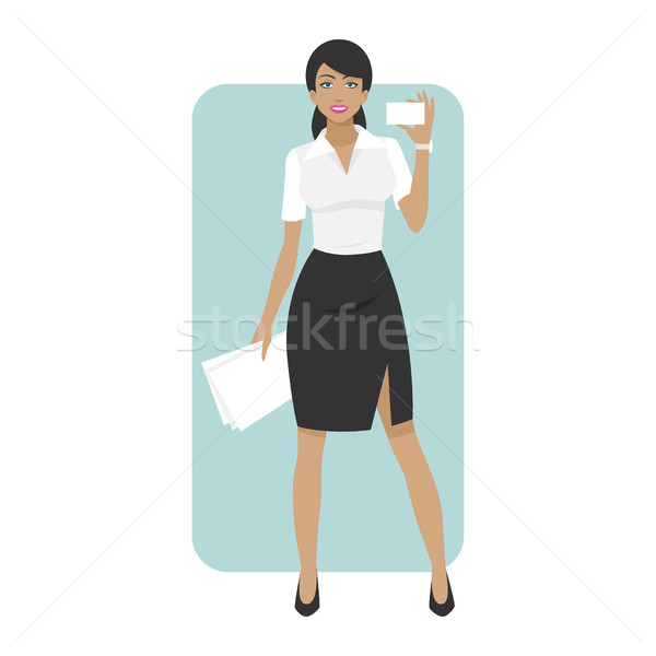 Business woman smiling and holds business card Stock photo © yuriytsirkunov