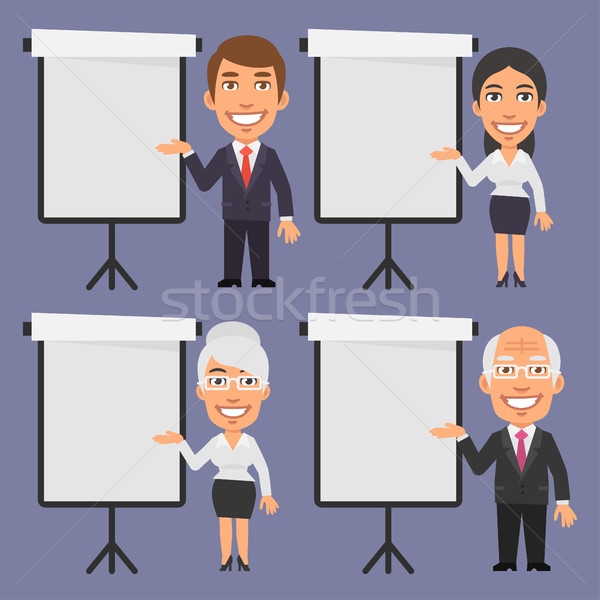 Businessman and Businesswoman Points to Blank Flip Chart Stock photo © yuriytsirkunov
