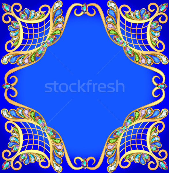 Stock photo:  blue background with gold pattern and precious stones